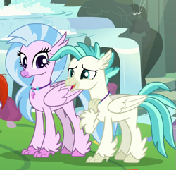Size: 745x718 | Tagged: safe, derpibooru import, screencap, silverstream, terramar, classical hippogriff, hippogriff, student counsel, brother and sister, colored hooves, cropped, cute, diastreamies, duo, female, jewelry, male, necklace, siblings, terrabetes