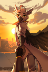 Size: 2000x3000 | Tagged: safe, artist:jedayskayvoker, derpibooru import, oc, oc:tristan, anthro, griffon, anthro oc, beak, bedroom eyes, blushing, city, cityscape, clothes, colored, cute, eyebrows, griffon oc, holding hands, looking at you, male, offscreen character, pov, sketch, smiling, smiling at you, solo, spread wings, sunset, uniform, wings