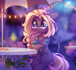 Size: 3345x3100 | Tagged: safe, artist:radioaxi, derpibooru import, oc, oc only, earth pony, pony, bendy straw, bubble tea, chair, clothes, coin, drinking, drinking straw, glasses, scarf, sitting, solo, string lights, table