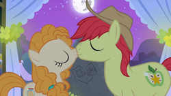 Size: 1920x1080 | Tagged: safe, derpibooru import, screencap, bright mac, pear butter, earth pony, pony, season 7, the perfect pear, 1080p, brightbutter, duo, female, kiss on the lips, kissing, male, mare, mare in the moon, moon, romance, shipping, shipping fuel, stallion, straight