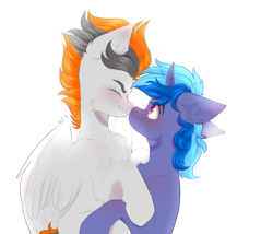 Size: 2508x2148 | Tagged: safe, artist:kisakkk, derpibooru import, oc, oc only, oc:midnight nova, oc:sukko, pegasus, pony, unicorn, blushing, boop, commission, cute, gay, male, noseboop, nuzzling, oc x oc, shipping, simple background, stallion, white background, ych result