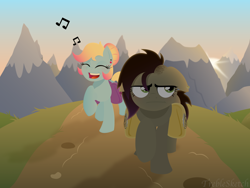 Size: 4000x3000 | Tagged: safe, artist:treblesketchofficial, derpibooru import, oc, oc only, oc:midnight whisper, oc:treble sketch, earth pony, pony, bag, duo, earth pony oc, eyes closed, female, mountain, open mouth, saddle bag, singing, unamused