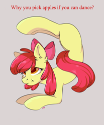 Size: 2400x2900 | Tagged: safe, artist:ske, derpibooru import, apple bloom, earth pony, pony, ear fluff, ears, female, filly, flexible, foal, simple background, solo, text