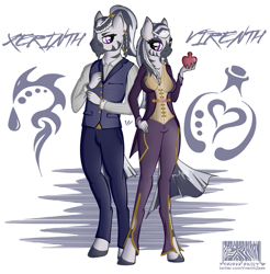 Size: 899x915 | Tagged: safe, artist:virenth, derpibooru import, oc, oc:virenth, oc:xerinth, anthro, unguligrade anthro, zebra, clothes, coat, female, looking at you, male, potion, reference sheet, siblings, simple background, standing, vest