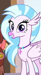 Size: 406x736 | Tagged: safe, derpibooru import, screencap, silverstream, yona, classical hippogriff, hippogriff, yak, a matter of principals, cropped, cute, diastreamies, jewelry, looking at you, necklace, offscreen character, solo focus