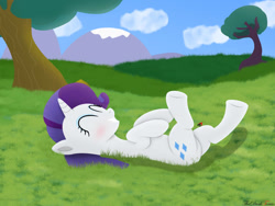 Size: 1280x960 | Tagged: safe, artist:thedarktercio, derpibooru import, rarity, pony, unicorn, cloud, cute, eyes closed, grass, sky, smiling, solo, tree