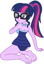 Size: 4616x6685 | Tagged: safe, artist:emeraldblast63, derpibooru import, sci-twi, twilight sparkle, better together, equestria girls, forgotten friendship, ass, bare shoulders, barefoot, beach, beach shorts swimsuit, breasts, butt, clothes, feet, female, glasses, looking back, looking over shoulder, sci-twi's beach shorts swimsuit, sci-twibutt, sexy, simple background, soles, solo, swimsuit, transparent background