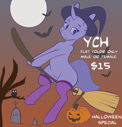 Size: 4800x5000 | Tagged: safe, artist:queenkittyok, artist:tatemil, derpibooru import, bat, bird, owl, pony, broom, clothes, commission, flying, flying broomstick, gravestone, halloween, hat, holiday, jack-o-lantern, moon, pumpkin, socks, solo, witch hat, your character here