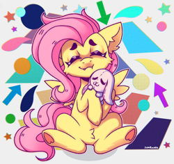 Size: 2345x2215 | Tagged: safe, artist:yumkandie, derpibooru import, fluttershy, pegasus, pony, rabbit, abstract background, animal, cheek fluff, ear fluff, ears, eyes closed, fangs, female, plushie, smiling, solo