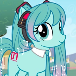 Size: 800x800 | Tagged: safe, artist:xlerotl, derpibooru import, earth pony, pony, anime, anniversary, female, hatsune miku, headphones, kotobukiya, kotobukiya hatsune miku pony, mare, music notes, necktie, ponified, solo, vocaloid