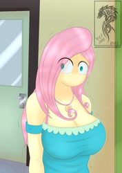 Size: 1240x1754 | Tagged: safe, artist:wolfjarl, derpibooru import, fluttershy, human, equestria girls, big breasts, breasts, canterlot high, cleavage, clothes, female, hallway, hootershy, humanized, komi can't communicate, komiface, scared, solo