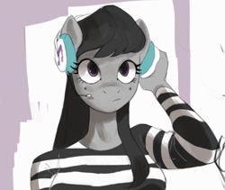 Size: 780x659 | Tagged: safe, artist:cadillacdynamite, derpibooru import, octavia melody, anthro, earth pony, clothes, female, headphones, headset, mare, microphone, shirt, solo, striped shirt
