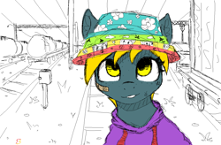 Size: 1282x839 | Tagged: safe, artist:zebra, ponerpics import, oc, oc only, bandage, clothes, female, grin, hoodie, mare, ms paint, panama hat, smiling, solo, sorting station, train, train sorting station, train station
