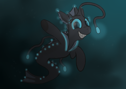 Size: 7016x4961 | Tagged: safe, artist:sprontr, derpibooru import, oc, oc only, oc:color splash (seapony), hybrid, merpony, sea pony, seapony (g4), angler seapony, bioluminescent, bubble, collar, crepuscular rays, digital art, dorsal fin, eyelashes, female, fish tail, glowing, lake, looking at you, mare, sharp teeth, smiling, smiling at you, solo, swimming, tail, teeth, underwater, water, waving