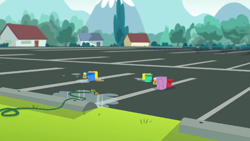 Size: 1366x768 | Tagged: safe, derpibooru import, screencap, equestria girls, bucket, hose, house, no pony, parking lot, puddle, tree