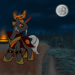 Size: 4096x4096 | Tagged: safe, artist:sprontr, derpibooru import, oc, oc only, oc:vesuvius daehn, pony, unicorn, armor, fire, forest, mage, male, mare in the moon, moon, night, path, solo, will o' the wisp