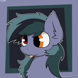 Size: 2000x2000 | Tagged: safe, artist:monycaalot, derpibooru import, oc, oc only, oc:scrimmy, bat pony, pony, :p, abstract background, bat pony oc, bust, chest fluff, commission, ear fluff, ears, fangs, gift art, heterochromia, icon, male, pony oc, portrait, solo, tongue, tongue out, ych result