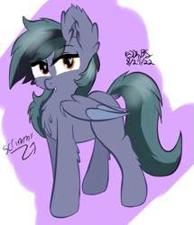 Size: 445x517 | Tagged: safe, artist:kbstarflower, derpibooru import, oc, oc only, oc:scrimmy, bat pony, pony, bat pony oc, bat wings, chest fluff, commission, ear fluff, ears, fangs, folded wings, heart, heart eyes, heterochromia, looking at you, male, pony oc, simple background, solo, text, wingding eyes, wings, ych result