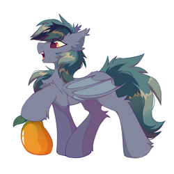 Size: 2000x2000 | Tagged: safe, artist:mirtash, derpibooru import, oc, oc only, oc:scrimmy, bat pony, pony, bat pony oc, bat wings, chest fluff, ear fluff, ears, fangs, fluffy, folded wings, food, leg fluff, male, mango, open mouth, pony oc, simple background, smiling, solo, white background, wings