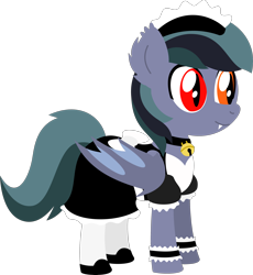 Size: 3000x3255 | Tagged: safe, artist:phantomthorns, derpibooru import, oc, oc only, oc:scrimmy, bat pony, pony, bat pony oc, bat wings, bell, clothes, ear fluff, ears, fangs, folded wings, gift art, heterochromia, high res, maid, male, pony oc, shoes, simple background, solo, standing, transparent background, wings, wrist cuffs