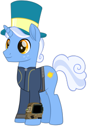 Size: 4642x6721 | Tagged: safe, artist:ponygamer2020, derpibooru import, sunny skies, pony, unicorn, fallout equestria, rainbow roadtrip, absurd resolution, clothes, fallout, freckles, hat, jumpsuit, male, mayor, pipboy, simple background, smiling, solo, stallion, top hat, transparent background, vault suit, vector