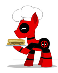 Size: 798x1001 | Tagged: safe, artist:knackmaster77, derpibooru import, pony, 2017, chef's hat, crossover, deadpool, food, hat, marvel, old art, pancakes, ponified, simple background, solo, white background