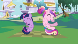 Size: 3410x1920 | Tagged: safe, derpibooru import, screencap, princess cadance, twilight sparkle, unicorn twilight, alicorn, pony, unicorn, a canterlot wedding, season 2, ^^, cute, cutedance, duo, duo female, eyes closed, female, filly, filly cadance, filly twilight sparkle, foal, high res, open mouth, open smile, smiling, twiabetes, younger