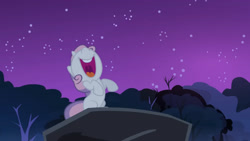 Size: 3410x1920 | Tagged: safe, derpibooru import, screencap, sweetie belle, pony, unicorn, season 3, sleepless in ponyville, female, filly, foal, high res, looking up, night, nose in the air, open mouth, open smile, smiling, solo, volumetric mouth