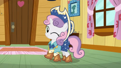 Size: 3410x1920 | Tagged: safe, derpibooru import, screencap, sweetie belle, pony, unicorn, on your marks, season 6, boots, clubhouse, cow belle, cowboy boots, cowboy hat, crusaders clubhouse, cute, diasweetes, female, filly, foal, hat, high res, looking at you, one eye closed, shoes, smiling, smiling at you, solo, wink, winking at you