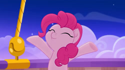 Size: 3410x1920 | Tagged: safe, derpibooru import, screencap, pinkie pie, earth pony, pony, rainbow roadtrip, cute, diapinkes, eyes closed, female, heartwarming, high res, hot air balloon, mare, night, smiling, solo, twinkling balloon