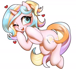 Size: 2200x2000 | Tagged: safe, artist:renokim, derpibooru import, oc, oc only, oc:oofy colorful, pony, unicorn, bipedal, floating heart, heart, one eye closed, open mouth, simple background, solo, white background