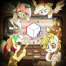 Size: 1800x1800 | Tagged: dead source, safe, artist:renokim, derpibooru import, oc, oc only, earth pony, pegasus, pony, unicorn, album cover, cube, group, light, surrounded