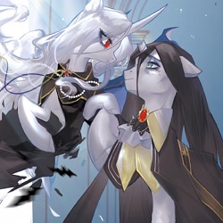 Size: 2048x2048 | Tagged: safe, artist:tingsan, derpibooru import, oc, oc only, pony, unicorn, black hair, black mane, blue eyes, broken horn, clothes, duo, duo female, female, gem, hair, horn, jewelry, mane, mare, oc x oc, red eyes, shipping, smiling, white hair, white mane