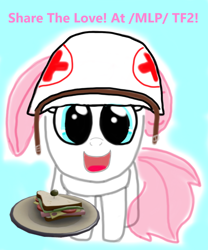 Size: 1000x1202 | Tagged: safe, derpibooru import, nurse redheart, /mlp/ tf2 general, food, looking at you, medic, sandvich, smiling, smiling at you, team fortress 2