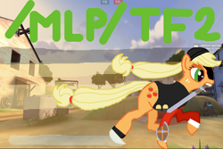 Size: 1800x1200 | Tagged: safe, derpibooru import, applejack, /mlp/ tf2 general, demoknight, mouth hold, sword, team fortress 2, weapon