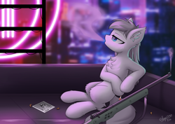 Size: 3508x2480 | Tagged: safe, artist:hugo231929, derpibooru exclusive, derpibooru import, oc, oc only, oc:perl tech, earth pony, pony, assassin, assassination, blurry background, bounty hunter, chest fluff, cigarette, city, cityscape, ear fluff, ears, gun, hooves, looking up, photo, rifle, rooftop, smoke, smoking, sniper, sniper rifle, solo, story included, weapon