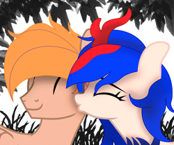 Size: 3418x2864 | Tagged: safe, artist:fededash, derpibooru import, oc, oc:fededash, oc:ryuko po, kirin, pegasus, eyes closed, happy, kirin oc, kissing, owo, pegasus oc, simple background