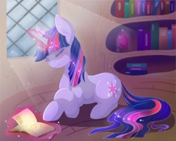 Size: 2000x1600 | Tagged: safe, artist:phoenixfox96, derpibooru import, twilight sparkle, unicorn twilight, pony, unicorn, book, crepuscular rays, crossed hooves, eyes closed, female, glowing, glowing horn, golden oaks library, horn, lidded eyes, lying down, magic, mare, prone, reading, smiling, solo, telekinesis