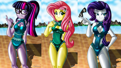 Size: 4170x2331 | Tagged: safe, artist:xjkenny, derpibooru import, edit, fluttershy, rarity, sci-twi, twilight sparkle, equestria girls, beach, boob window, breasts, busty sci-twi, clothes, crepuscular rays, eyebrows, female, glasses, grin, hand on hip, high res, hootershy, looking at you, ocean, one-piece swimsuit, raritits, sand, signature, smiling, smiling at you, swimsuit, trio, trio female, water