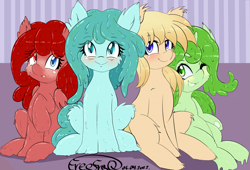 Size: 2531x1718 | Tagged: safe, artist:freefraq, derpibooru import, oc, oc:cherry slime, oc:minty slime, oc:shiny slime, oc:snow, earth pony, goo, goo pony, original species, blushing, cute, heterochromia, one eye closed, open mouth, open smile, smiling