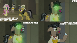 Size: 4400x2475 | Tagged: safe, derpibooru import, edit, edited screencap, editor:quoterific, screencap, daring do, doctor caballeron, fluttershy, earth pony, pegasus, pony, daring doubt, diamond, female, glowing, glowing eyes, male, mare, open mouth, safari hat, stallion, trio