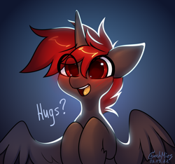 Size: 3200x3000 | Tagged: safe, artist:gicme, derpibooru import, oc, oc only, oc:hardy, alicorn, pony, alicorn oc, blushing, eye clipping through hair, horn, hug request, hugs?, looking at you, male, open mouth, open smile, smiling, solo, stallion, wings