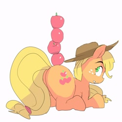 Size: 2500x2500 | Tagged: safe, artist:baigak, derpibooru import, applejack, earth pony, pony, apple, applebutt, applejack's hat, balancing, butt, clothes, cowboy hat, female, food, grin, hat, looking at something, looking back, lying down, mare, plot, prone, simple background, smiling, solo, white background