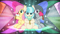 Size: 3840x2160 | Tagged: safe, artist:cyanlightning, artist:laszlvfx, derpibooru import, edit, coco pommel, fluttershy, marble pie, earth pony, pegasus, pony, food, ice cream, the council of shy ponies, wallpaper, wallpaper edit