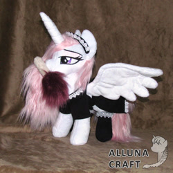 Size: 1024x1024 | Tagged: safe, artist:allunacraft, derpibooru import, princess celestia, alicorn, pony, clothes, duster, irl, maid, mouth hold, photo, plushie, princess molestia, solo