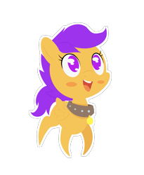 Size: 885x1080 | Tagged: safe, artist:happy harvey, derpibooru import, scootaloo, pegasus, pony, blush sticker, blushing, choker, collar, colored pupils, cute, cutealoo, drawn on phone, female, filly, foal, happy, looking up, name tag, open mouth, open smile, pet tag, pony pet, simple background, simplistic art style, slave, smiling, studded choker, transparent background