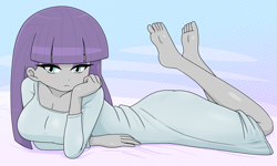 Size: 2104x1265 | Tagged: safe, alternate version, artist:batipin, derpibooru import, part of a set, maud pie, human, equestria girls, barefoot, breasts, cleavage, clothes, feet, feet in the air, looking at you, lying down, maud pies, pajamas, prone, the pose