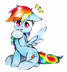 Size: 2335x2511 | Tagged: safe, artist:liaaqila, derpibooru import, rainbow dash, pegasus, pony, behaving like a cat, caught, cute, dashabetes, emanata, eye clipping through hair, grooming, hoof licking, licking, looking at you, simple background, solo, spread wings, tongue, tongue out, traditional art, white background, wide eyes, wings