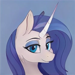 Size: 1024x1024 | Tagged: safe, artist:thisponydoesnotexist, derpibooru import, machine learning generated, pony, unicorn, blue background, blue eyes, blue mane, female, looking at you, mare, not rarity, simple background, smiling, smiling at you