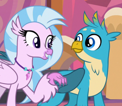 Size: 802x699 | Tagged: safe, derpibooru import, screencap, gallus, silverstream, classical hippogriff, griffon, hippogriff, non-compete clause, cropped, duo, female, jewelry, looking at each other, looking at someone, male, necklace